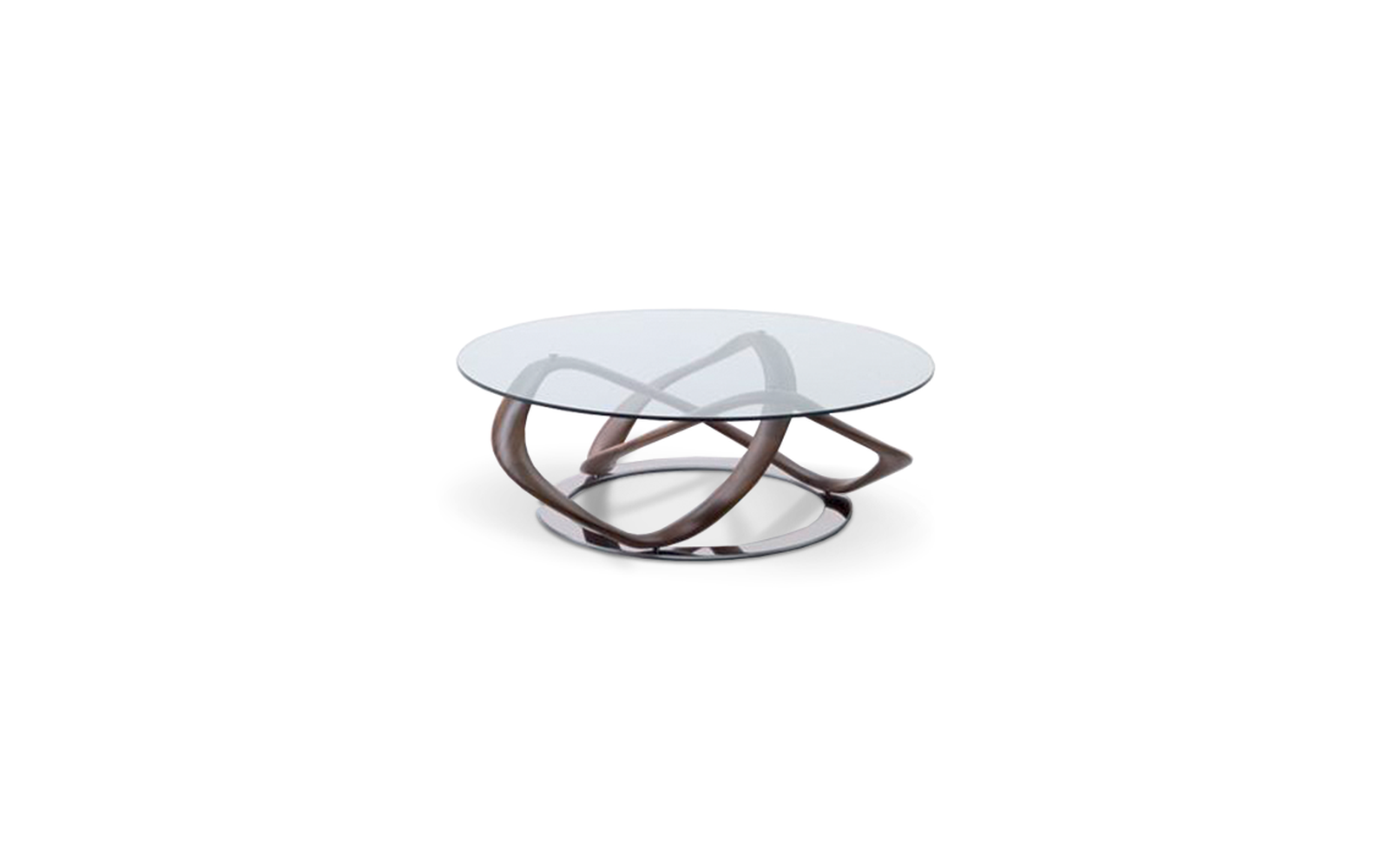 Modern glass coffee table with wavy metal base on a white background